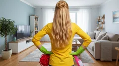 Žena v rukavicích připravená uklidit moderní obývací pokoj, čistý a světlý interiér
