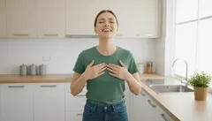 Usmívající se žena v kuchyni s rukama na hrudi, moderní světlý interiér.